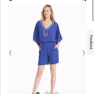 White House Black Market  WHBM Blue Kimono Sleeve Embroidered Romper. Size 8